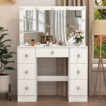Vanity Dressing Table Desk Set With LED Lighted Mirror 7 Drawers Crystal Handle  Vanity Dressing Table Desk Set