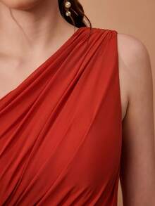 Mgiacy New Arrival One Shoulder Ruched Chiffon Bridesmaid Dress - Burnt Orange - View 6