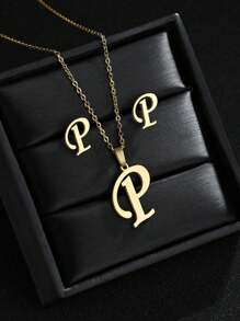1 Set A-Z Stainless Steel Initial Necklace And Stud Earrings Jewelry Sets Alphabet Letter Pendant Chain Accessories Gifts