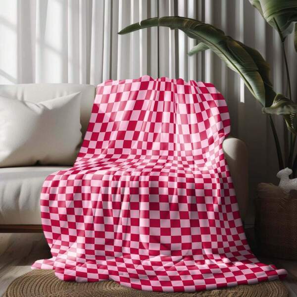 1pc Red And White Plaid Flannel Blanket - Soft, Durable, Machine Washable, Tear-Resistant, All Season Use For Bed, Sofa Or Home Decor - Modern Style, Comfortable Bedspread | Bold Pattern | Seamless Craftsmanship