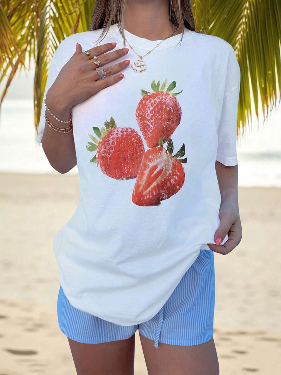 Women Y2k Oversized Graphic Tees Floral Print Short Sleeve Crewneck T Shirts Loose Fit Summer Going Out Tops For Teen Girls Aesthetic Clothes 2000s Beach Shirts For Women Streetwear - 紅色 - 查看 1