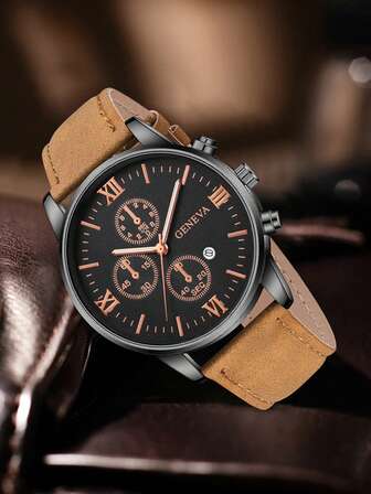 4 件男士时尚休闲商务混合刻度带日历功能圆形表盘石英表组合套装适合日常佩戴或节日送礼