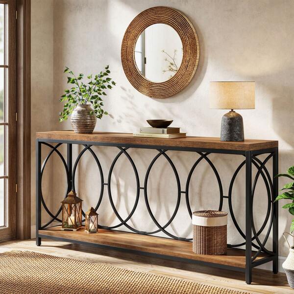 Tribesigns 70.9-Inch Extra Long Industrial Sofa Table, 2-Tier Console Table Behind Couch With Storage Shelf, Entryway Console For Living Room, Entryway, Hallway, Rustic Brown