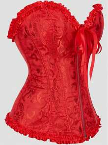 红色束身胸衣上衣，采用钢骨结构、提花面料和收腰设计，适合婚礼、派对、万圣节和节日场合。 - 紅色 - 查看 3