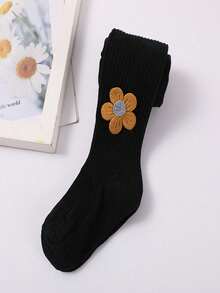 2 件装竖条纹花卉儿童袜子，纯色婴儿紧身裤不透明连裤袜，适合舞蹈/紧身裤