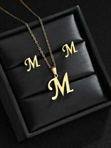 1 Set A-Z Stainless Steel Initial Necklace And Stud Earrings Jewelry Sets Alphabet Letter Pendant Chain Accessories Gifts