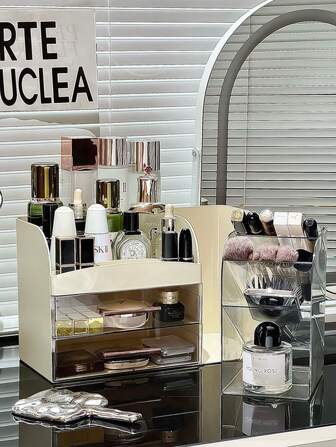 1 pièce Boîte de rangement pour cosmétiques, coiffeuse de maison, rangement pour outils de maquillage haut de gamme, grande capacité de rangement pour rouge à lèvres et produits de soins de la peau, compartiments et étagères multifonctionnels pour cosmétiques