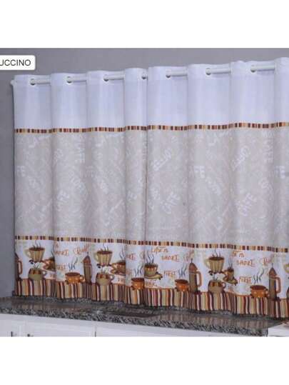 Cortina Cozinha Oxford 2,00x1,40 Estampada Cappuccino Janela Vitrô Ilhós Blackout Blecaute Decorativa Poliéster Varão