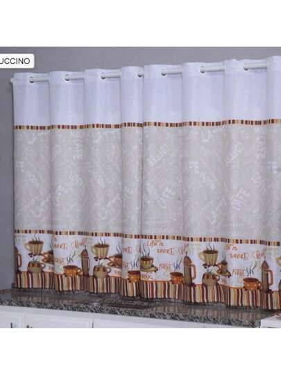 Cortina Cozinha Oxford 2,00x1,40 Estampada Cappuccino Janela Vitrô Ilhós Blackout Blecaute Decorativa Poliéster Varão
