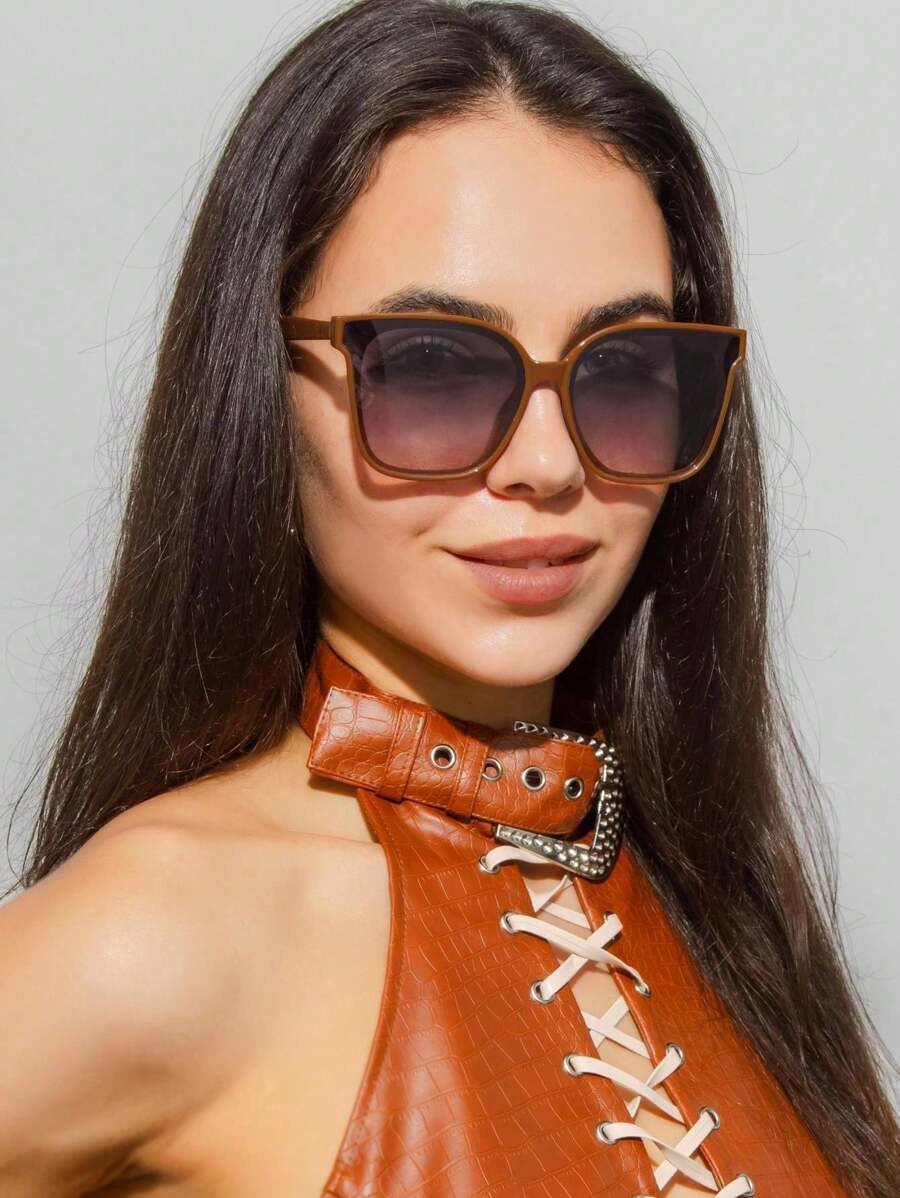 1 pieza Gafas de sol cuadradas y sobredimensionadas para mujer con marco de plástico, de estilo clásico y fashion para viajes, de estilo bohemio para protección solar al aire libre, adecuadas para uso diario y vacaciones