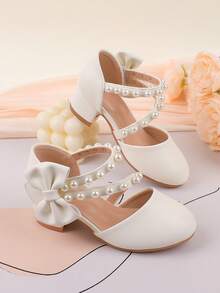 White Dress Shoes With Pearls Suitable For Girls & Kids, Fashion High Heels Or Thick Heels For Formal Dress, Recital, Wedding, Party, Sweet & Cute Butterfly Decor, Low Heels Or High Heels Available - White - View 1