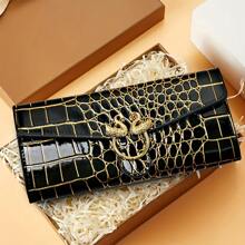 Retro Crocodile Print Wallet With Golden Snake Clasp - Long Multi-Layer Zipper Card Case For Women, Black And Gold Retro Design