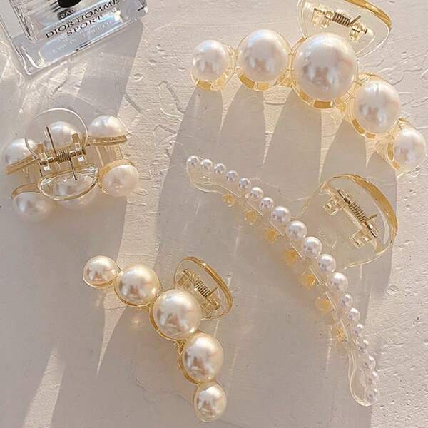 4pcs Elegant Minimalist Faux Pearl Hair Claw Clips Set, Non-Slip Strong Hold Plastic Hair Jaw Clips For Thick Hair, Middle Size, White Accessories Hair Accessories Fashion Hair Clips