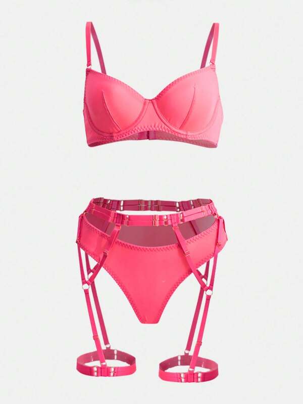 Sexy lingerieset voor dames, jarretellesgordel met stalen bh, bloemenborduursel, 3-delige set
