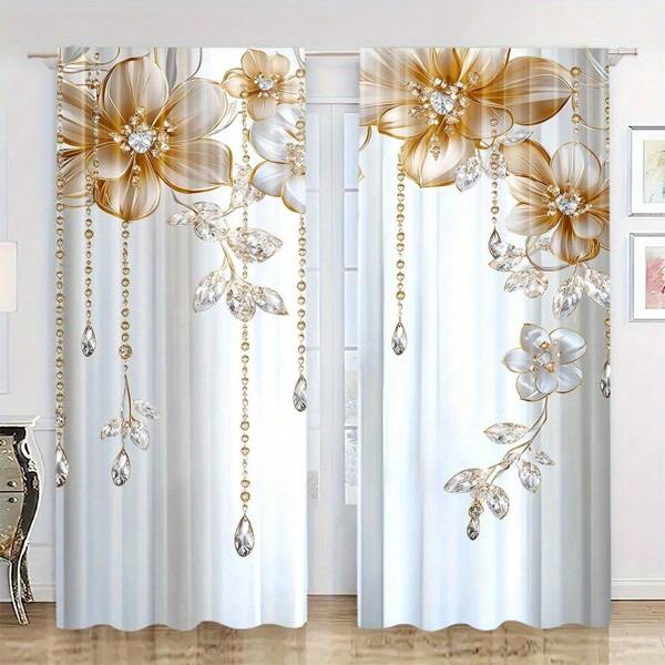 2 Stücke klassische Verdunkelungsvorhänge mit Blumenmuster, geometrisches Muster, aus Polyestergestrick, maschinenwaschbar, mit Gardinenstange, geeignet für Schlafzimmer, Wohnzimmer, Büro - dekorative Panels mit Raffhaltern