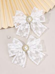 2 piezas Lazos de pelo de encaje blanco para niñas Lazos de encaje de unicolor con pinzas de cocodrilo Lazo bordado con flor Pasadores de pelo con perlas y rhinestone Elegantes pasadores de lazo para boda, vacaciones y accesorios de pelo para niños