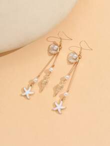 1 Pair Romantic Ocean Style White Drip Glaze Shell Elegant Faux Pearl Metal Earrings, Charming Summer Jewelry For Women, Suitable For Daily Wear, Beach Date, And Resort - Multicolor - View 3