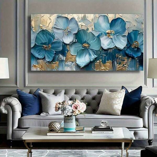 1 peça de pintura a óleo em tela com flores azuis, fundo abstrato com enfeites de flores azuis. Adequado para sala de estar, quarto, escritório, bar, decoração de parede de hotel, pôster floral moderno, decoração de casa, artes de parede em estilo moderno, pôsteres sem moldura.