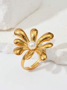 1 Peça Anel Ajustável Floral com Pérola Falsa, Concha e Estrela-do-mar, Retrô de Aço Inoxidável Dourado, Moda Verão Festa na Praia Uso Diário, Ótimo Presente para Namorada, Amiga