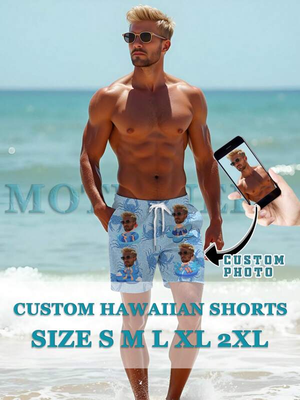 Sommer Herren Pixel Krabbe Mosaik Muster personalisierte Shorts mit individuellem Porträt - Strandbarkrabbeln & Dachterrassen Tiki Partys mit Ihrem pelzigen Co-Piloten im tropischen Stil