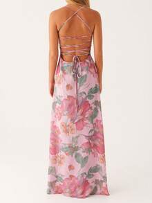 Women's Y2K Summer Maxi Dress Floral Print Sleeveless Cami Long Dress Cross Tie-Up Backless Fashion Spaghetti Strap Dress Beach Vacation Streetwear - 紫羅蘭色 - 查看 6