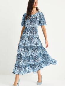 BIANCO LUCCI Women's Round Neck Balloon Sleeve Patterned Linen Textured Long Dress - Blue - View 8