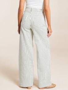 Women's Vintage Striped Straight Leg Woven Fabric Pants With Zipper And Pockets, Long Trousers, Non-Stretch - Multicolor - View 4