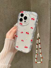 1pc Cherry Heart Design Mobile Phone Case & Beaded Lanyard, 1pc Transparent Shockproof Wave Pattern Phone Protective Cover, Fit For IPhone 11 12 13 14 15 16 Pro Max Mobile Accessories