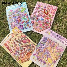Sanrio 11pcs/7pcs/4pcs Per Set (With Tweezers), Sanrio Cute Cartoon Miniature Scene Stickers For DIY Fun 3D Micro House Decorative Craft, Scrapbooking And Planner Supplies, Pre-Cut Stickers School Supplies,Back To School