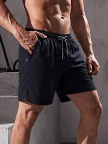 男士夏季时尚休闲松紧腰短裤，适合跑步、健身、露营、攀岩等户外运动 - 黑色 - 查看 5