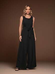 Female Fashion Jumpsuit Pantalona Elegant Tailored Wide Legs And Discreet Pockets Bandage - màu đen - Xem 1