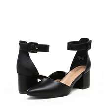Zapatos de tacón bajo con tiras al tobillo para mujer, de corte ancho, color liso, elegantes y formales para boda - Negro-PU - Ver 4