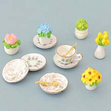 Set de 4 piezas Mini jarrones realistas de flores, accesorios de modelo de té de la tarde, decoración de taza de té de cerámica, set de decoración de vajilla de casa de muñecas - Varios estilos - Ver 4