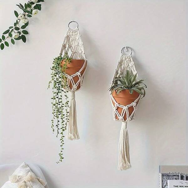 2pcs Handcrafted Macrame Plant Hangers - Boho Chic Rope Baskets For Indoor & Outdoor Decor, Geometric Wall Art