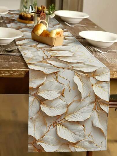 1 件 2D 树叶图案桌旗，现代风格，仿亚麻材质，1 条桌旗，4 个餐垫，1 个靠垫套，3 件产品组合，舒适的家居装饰，适合室内/室外派对，羽毛主题装饰，房间装饰。适用于家庭厨房和活动派对装饰