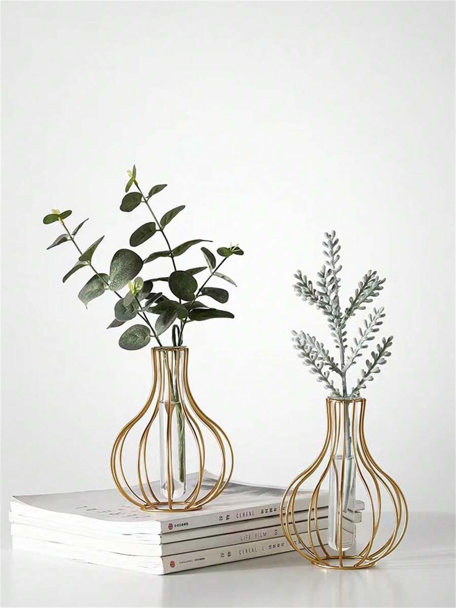 1pc Transparent Glass Vase - With Wrought Iron Frame, Suitable For Hydroponics Planter, Decorative Planter, Geometric Shape, Unique Test Tube Vase, Can Be Used As Dining Table/Desk/Fireplace Decor - Bohemian Home Decor - Wedding Party Decor - Farmhouse Style Planter - Luxury Housewarming Gift - Modern Floral Base, Back To School Room Decor, Stationery Glass Vase - Gold - View 1