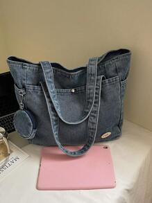 New Fashion Casual Solid Color Washed Canvas Women Tote Bag With Multiple Pockets, Shoulder Bag, Large Capacity Suitable For Commuting & Shopping,Including Coin Purse