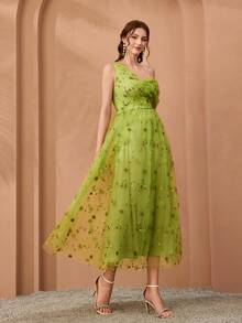 Romantic Elegant 3D Floral Embroidery Mesh Bridesmaid Dress - Olive Green - View 5