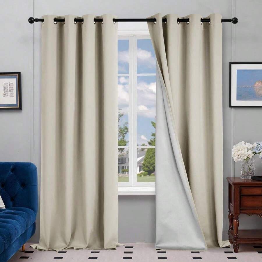 Deconovo 100% Total Blackout Curtains For Bedroom Grommet Solid Thermal Insulated Curtain Heat Blocking Room Darkening Energy Saving Drapes 2 Panels, Light Beige, 52W X 108L Inch - Light Beige - Xem 1
