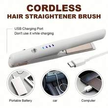 直发器、卷发器、平板夹、卷发器、直发器、便携式无绳直发器，带陶瓷涂层，女士热梳直发器，轻巧迷你，Type-C 充电端口，用于旅行直发器 USB 可充电直发器，2 合 1 无线迷你便携式 USB 直发器卷发器，大号 - 白色 - 查看 4