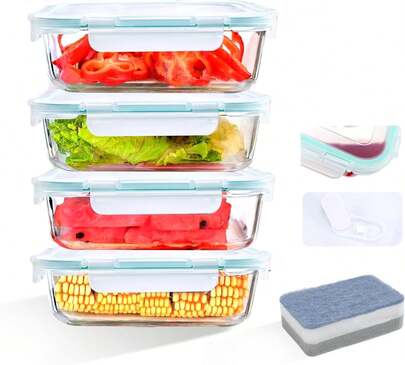 SAEIV Glass Lunch Box Set For Office Use, 4/8 Pieces, Capacity 1040 Ml Each, With Blue Lid, Microwave-Friendly Glass Container With Lid