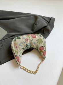 时尚纯色金属链新月女士多用途手提包，花卉和植物图案亚麻托特包，女士休闲沙滩包和手拿包