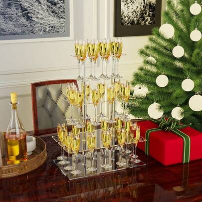3-Tier Acrylic Champagne Tower Display Holder With 32 Holes, Transparent Rectangular Floating Straw Stand For Party, Wedding, School, Celebration