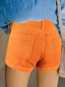 Pantalones cortos de mezclilla desgastados de unicolor con estilo retro, apropiados para el verano - Naranja - Ver 2