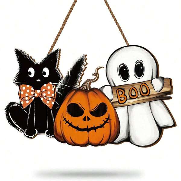 Halloween Türdekoration hölzernes Hängeschild Kürbis Geist Buh Schwarze Katze Willkommensschild für Trick or Treat Party drinnen Outdoor Veranda Wand