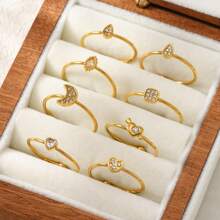 Juego de anillos con baño de oro al estilo francés para mujer, set único de anillos de circonita sintética con diseños de corazón, luna y delfín, anillos ligeros y de lujo, anillos de acero inoxidable sencillos pero elegantes, regalos para fiestas y cumpleaños, parejas