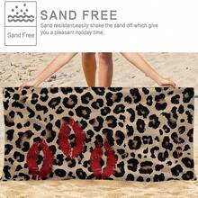 1pc Leopard Print Beach Towel - Soft, Quick-Dry Microfiber With Red Lip Design, Ideal For Yoga, Travel, Swimming, Fitness, Camping, Beach Vacation, Perfect Easter Or Birthday Gift Beach Essentials - Khaki - View 8
