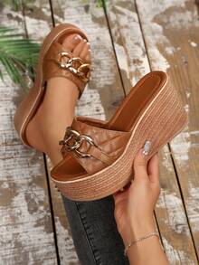 Women's Spring/Summer 2025 New Platform Thick Bottom Waterproof Wedge Woven Strap Design High Heel Beach Holiday Sandals Suitable For Dress, Fashion Clogs