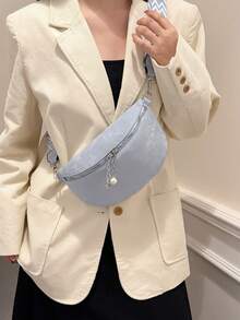 女士复古优雅胸包/腰包，经典纹理时尚单肩包，可调节宽肩带，拉链吊坠，拉链封口，涤纶衬里，波西米亚风斜挎包 - 藍色 - 查看 3