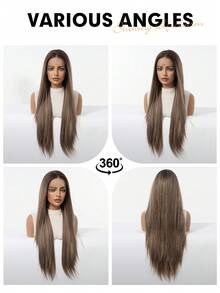 13x4 High Definition Transparent Lace Front Wig - 30 Inch Synthetic Heat Resistant Fiber Long Straight Brown Hair Wig, Comfortable & Breathable - Suitable For Daily Wear, Parties, Creating Elegant Feminine Looks (Due To Differences In Individual Display Devices And Variations Between Natural And Indoor Lighting, There Might Be A Slight Color Variation Between The Picture And The Physical Item.) - Brown Ombre - View 10